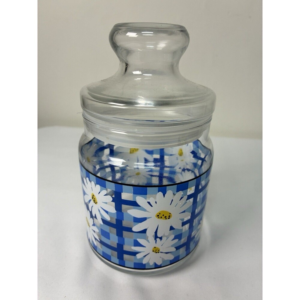 Vintage 70s Style Storage Jar Daisies With Blue Plaid 7” Tall Cottagecore